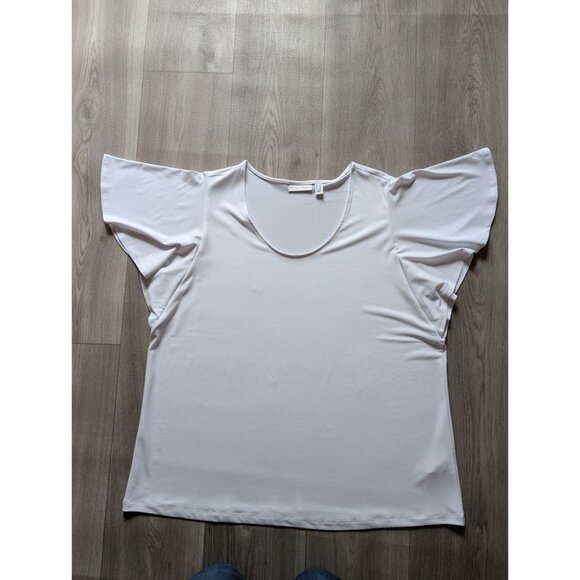 Susan Graver Womens White Flutter Sleeve Top Scoop Neck Relaxed Fit 1X Liquid Kn - Picture 1 of 6